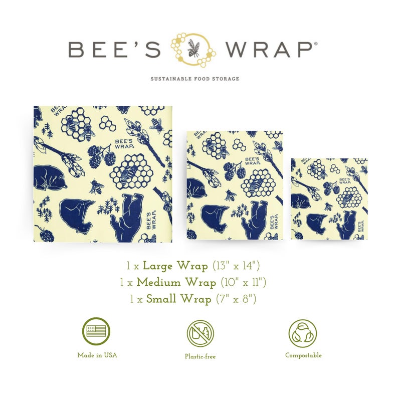 Bee's Wrap Beeswax Wraps for Food - Made in USA Reusable & Organic Food Wraps, Sandwich Wrap & Bowl Covers - Eco-Friendly Alternative to Aluminum Foil & Plastic Wrap, Bee's + Bears 3 Pack (S, M, L) - Image 2